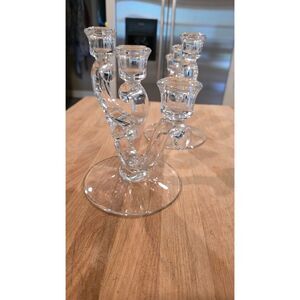 Fostoria Century Three Taper Candle Holders Set of 2 Clear Glass w Base 8" VTG